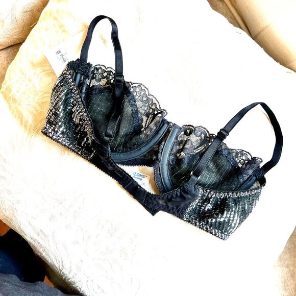 Vintage Lily of France NWT Demi Lace Bra in Metallic Silver and Black Lace - Picture 5 of 15